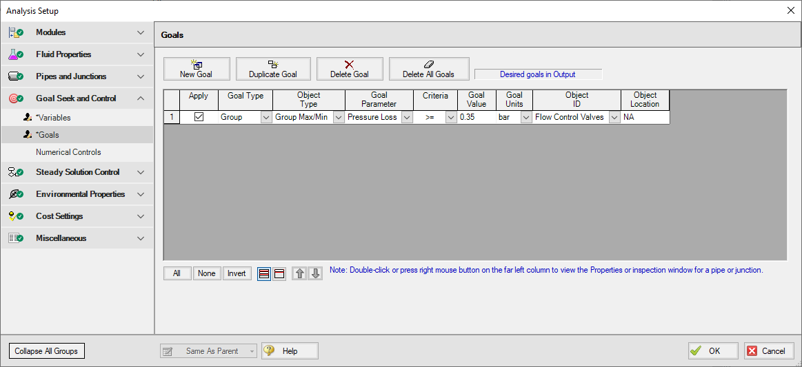 The Goals tab of the Goal Seek and Control Manager window with one goal defined.